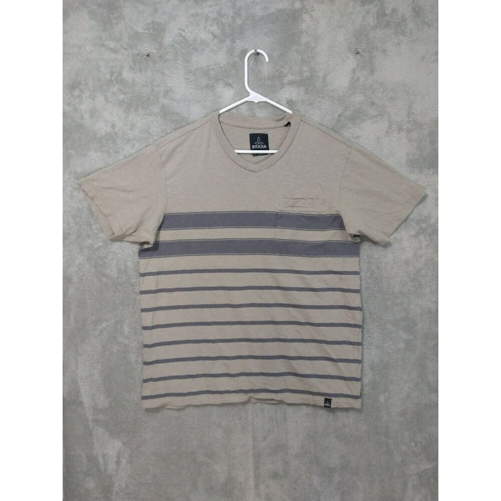 Prana Shirt Mens Large Beige Striped Breyson V Neck Short Sleeve Organic Cotton